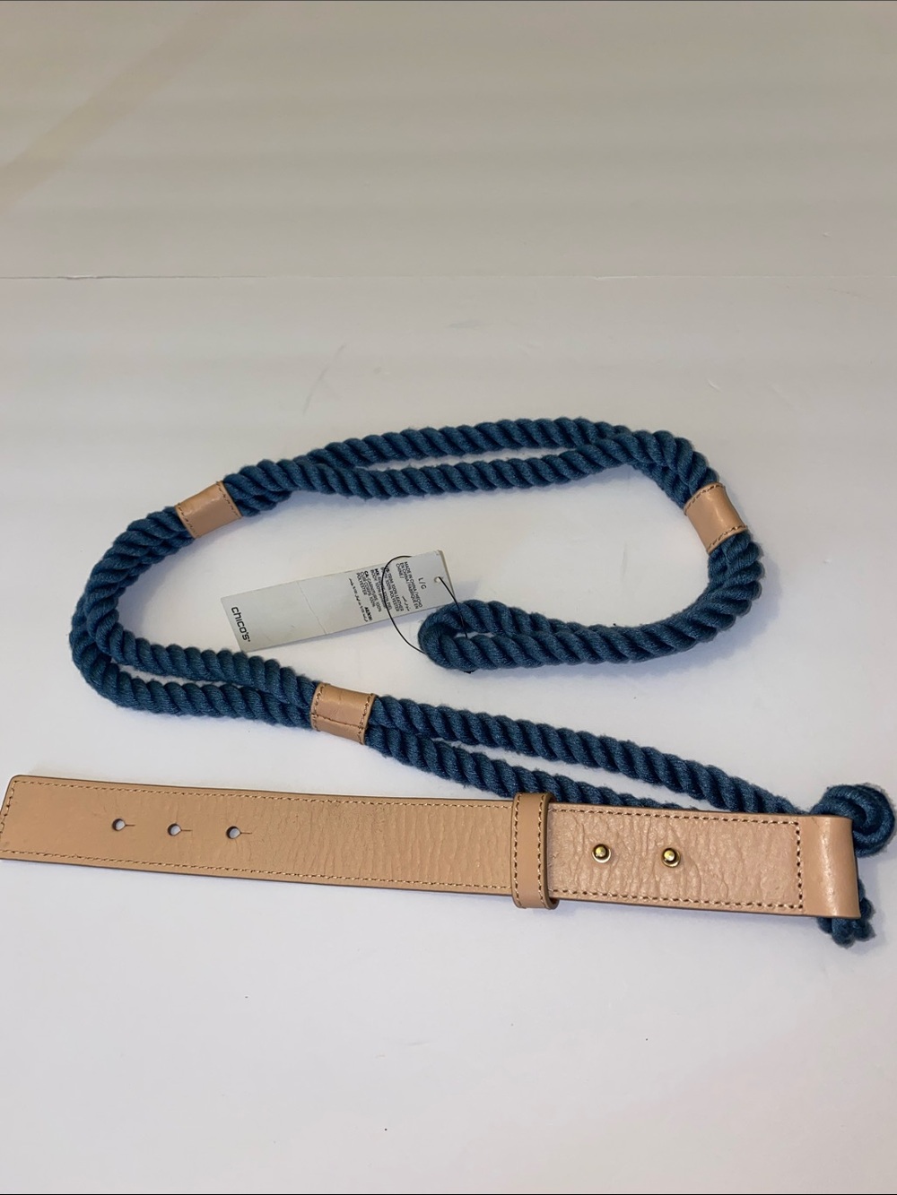 CHICO'S LIGHT BLUE ROPE BELT BUTTERSCOTCH LEATHER GOLD HARDWARE Large